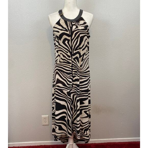 Y2K Brown Zebra Print Flowy Leather Buckle Halter Neck Maxi Dress - Picture 7 of 15